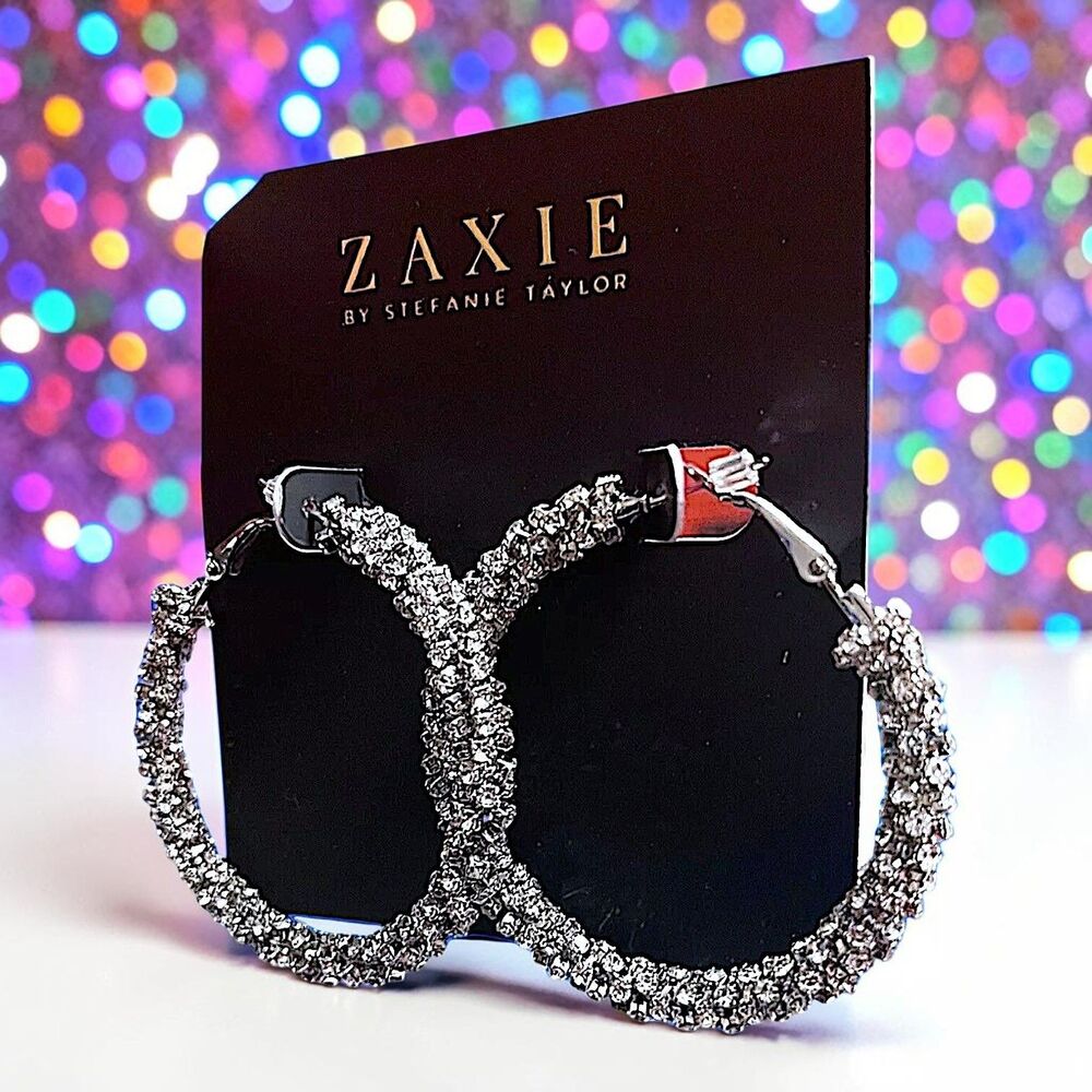 ZAXIE by Stefanie Taylor Rhinestone Hoop Earrings in Silver New With Tags